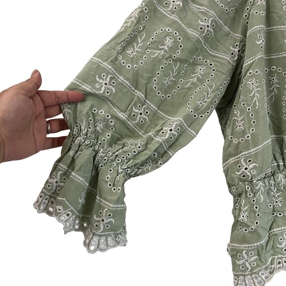 Cato Womens Green Eyelet Embroidered Boho Cinched Waist Square Neck Blouse XL - Picture 2 of 6